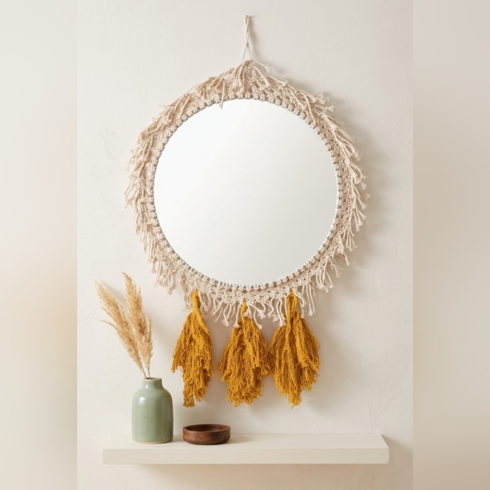 Boho Round Macrame Wall Mirror with Mustard Tassels